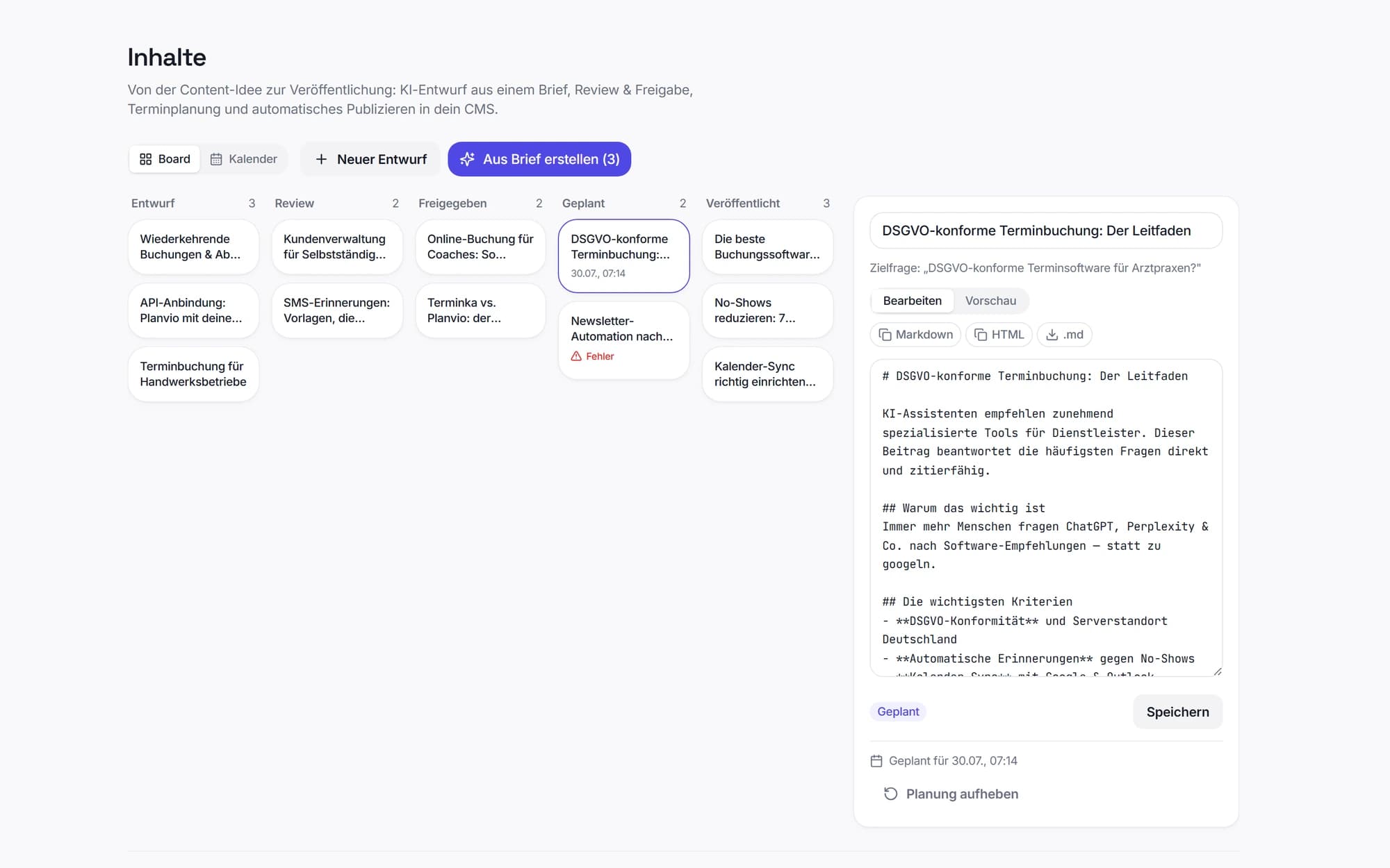 Content-Pipeline: KI-Entwurf, Review, Freigabe, Planung und automatisches Publishing ins CMS